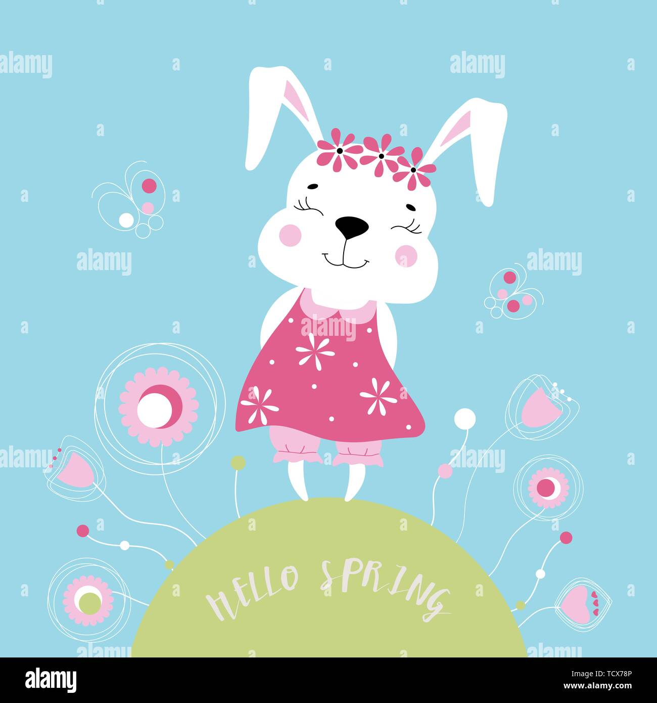 Easter theme with cute bunny and butterflies flying above grass and ...