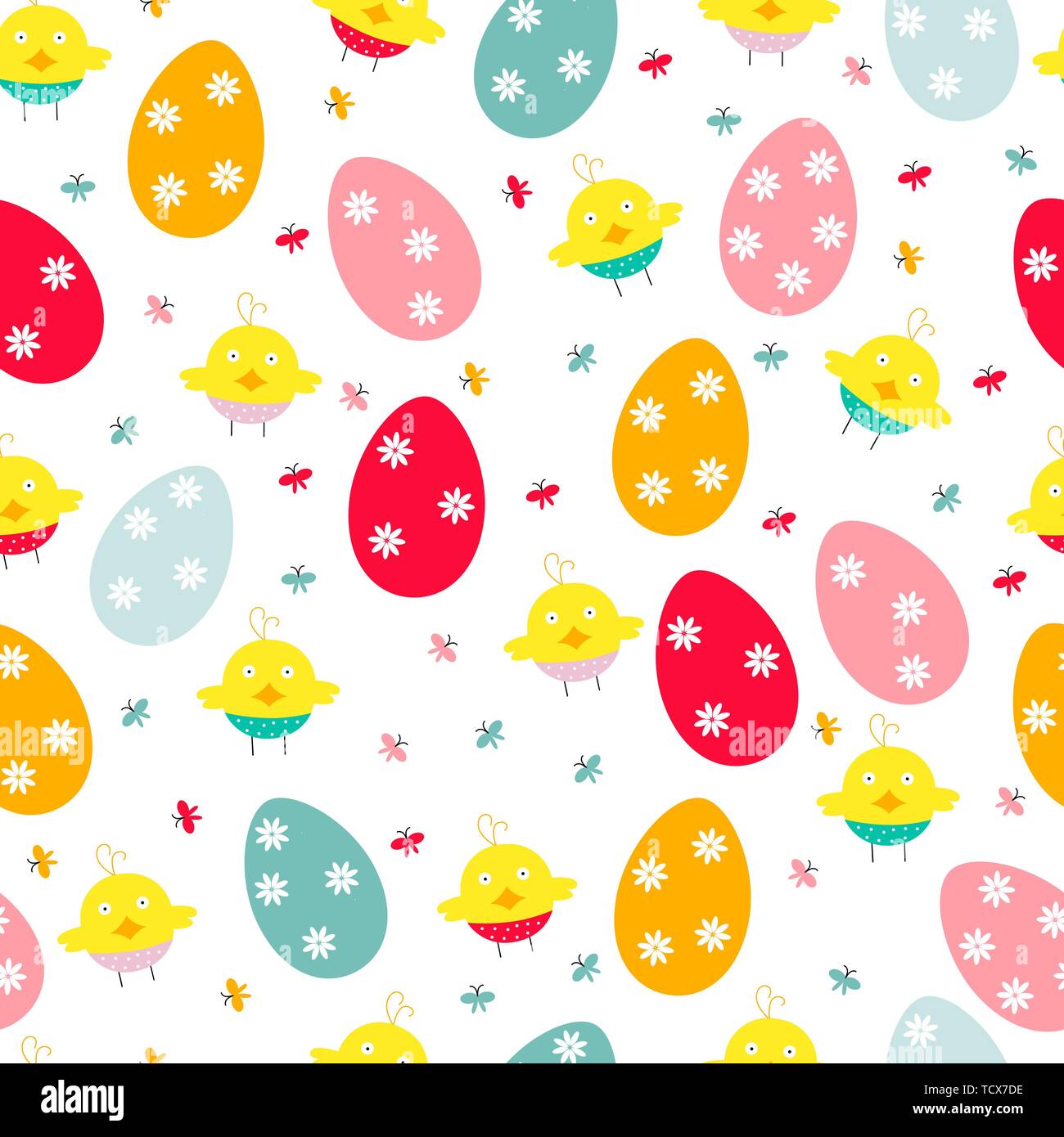 Easter seamless pattern with eggs, flowers, chickens. Vector illustration. Stock Vector