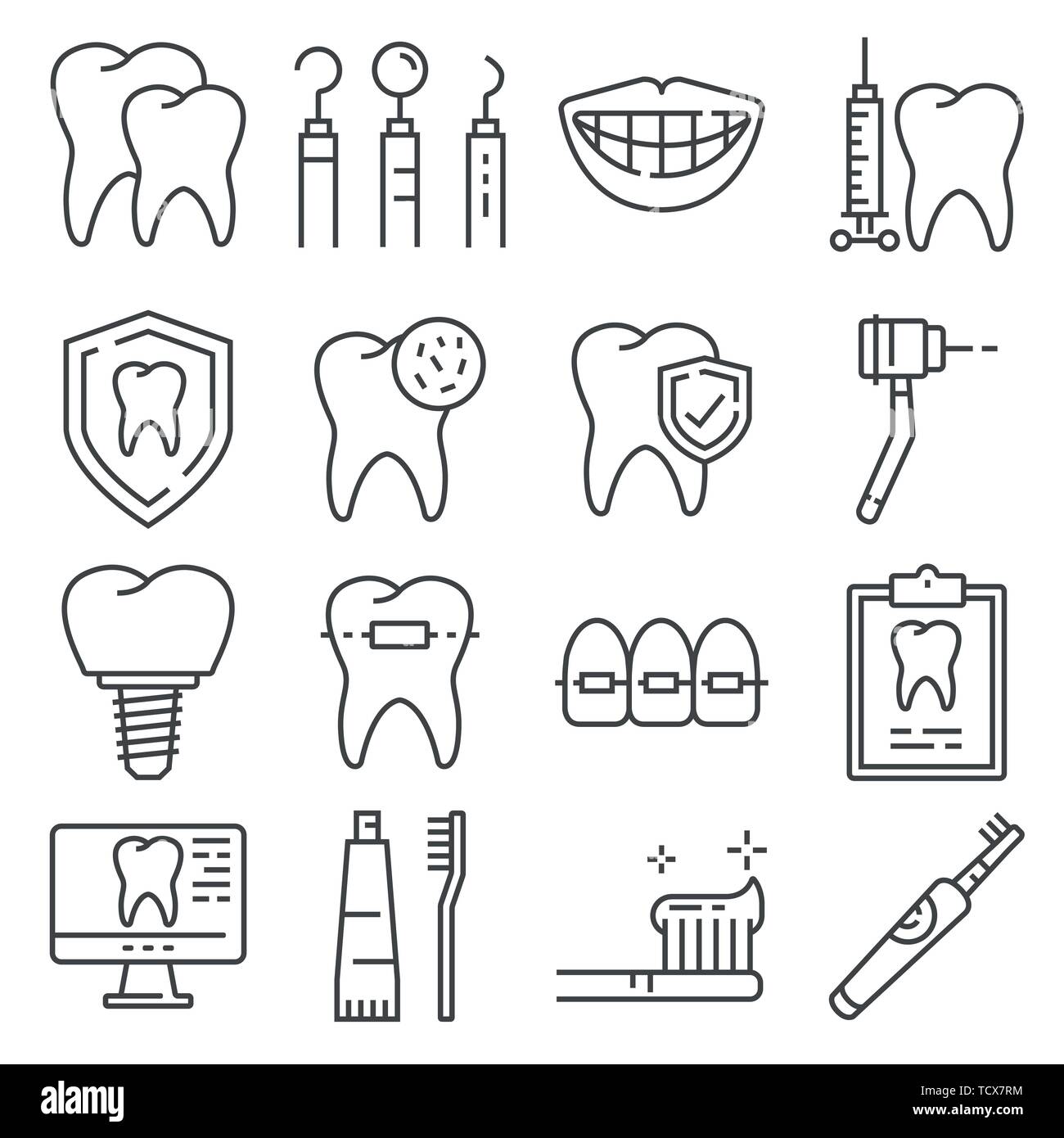 Line icons of dental care and dentist services on white background ...