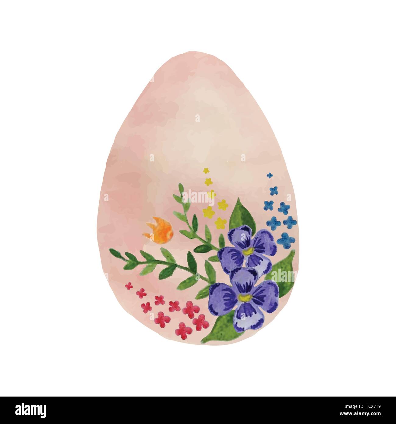 Watercolor Easter egg with hand drawn flowers and leaves. Spring or ...
