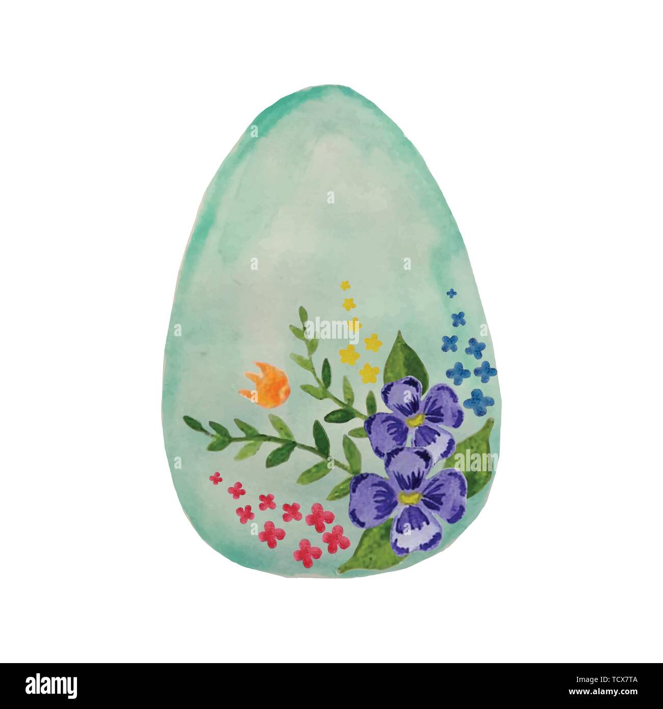Watercolor Easter egg with hand drawn flowers and leaves. Spring or ...