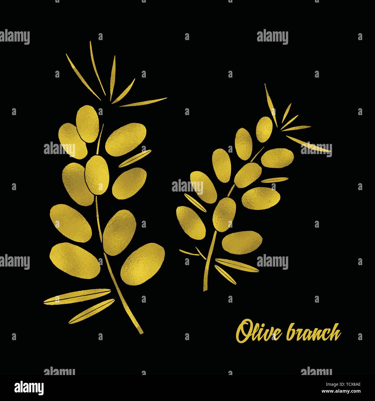 Gold vector illustration of olive branch. Isolated on black background
