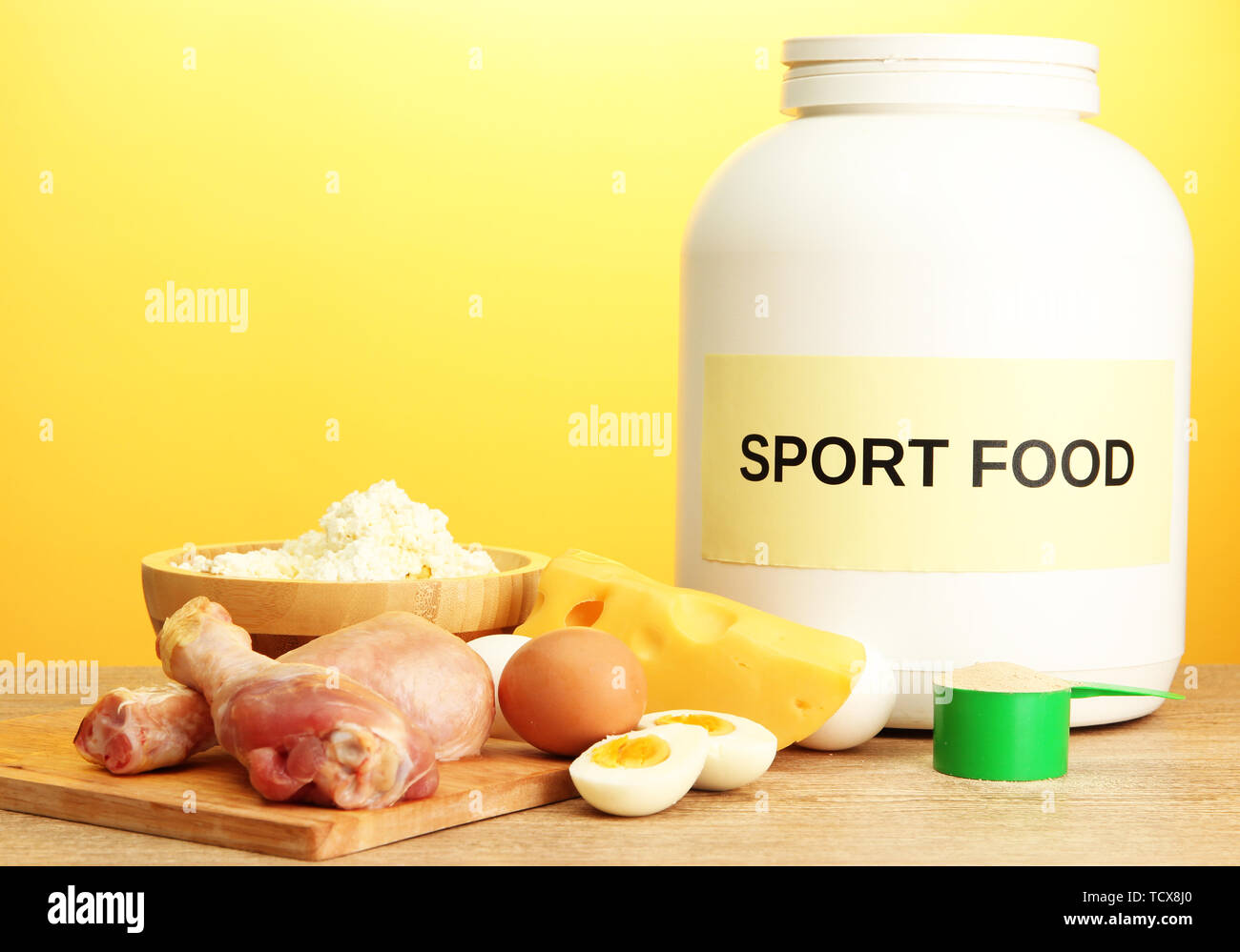 Download Jar Of Protein Powder And Food With Protein On Yellow Background Stock Photo Alamy Yellowimages Mockups