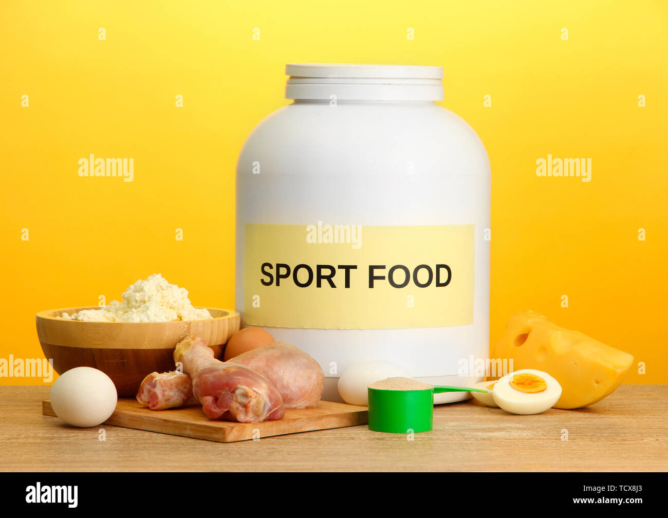 Download Jar Of Protein Powder And Food With Protein On Yellow Background Stock Photo Alamy Yellowimages Mockups
