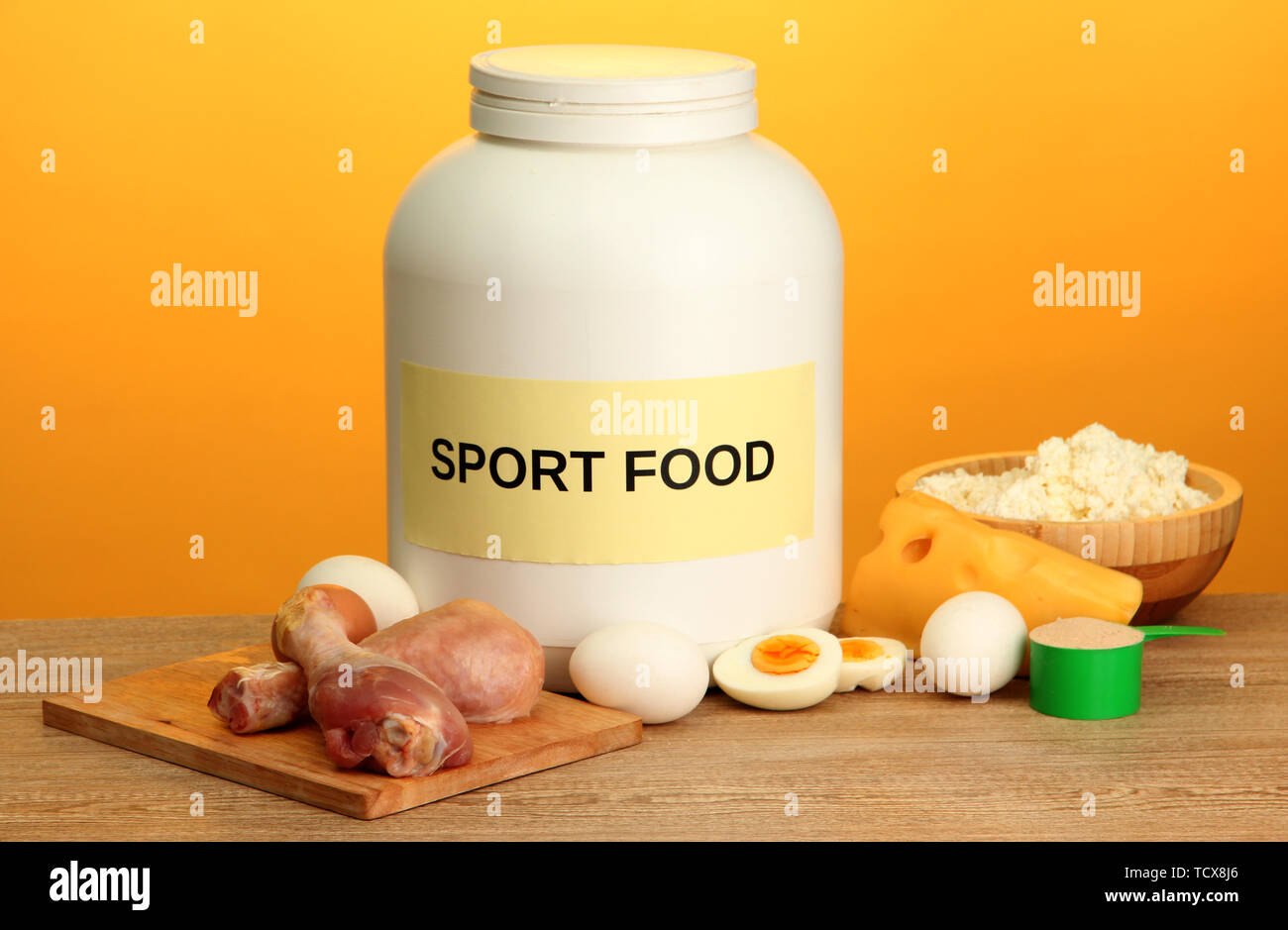 Download Jar Of Protein Powder And Food With Protein On Yellow Background Stock Photo Alamy Yellowimages Mockups