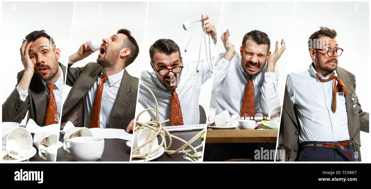 Young man drinking a lot of coffee, but can't wake up and work anyway. Has no time for clothing, screaming and suffering. Concept of office worker's troubles, business, problems and stress. Stock Photo