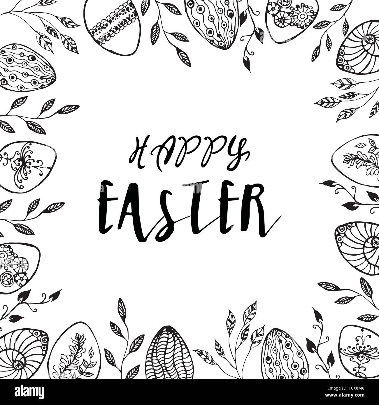Easter frame with easter eggs hand drawn black on white background. Decorative frame from eggs. Stock Vector