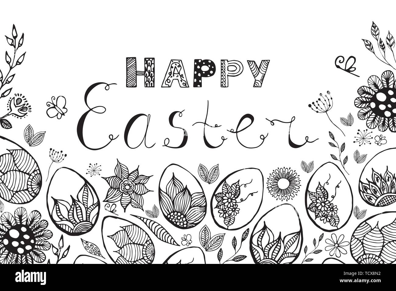Easter card with easter eggs hand drawn black on white background. Decorative frame from eggs. Stock Vector