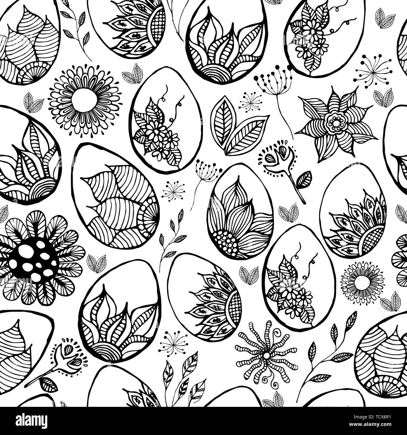 Easter background with eggs hand drawn black on white background ...
