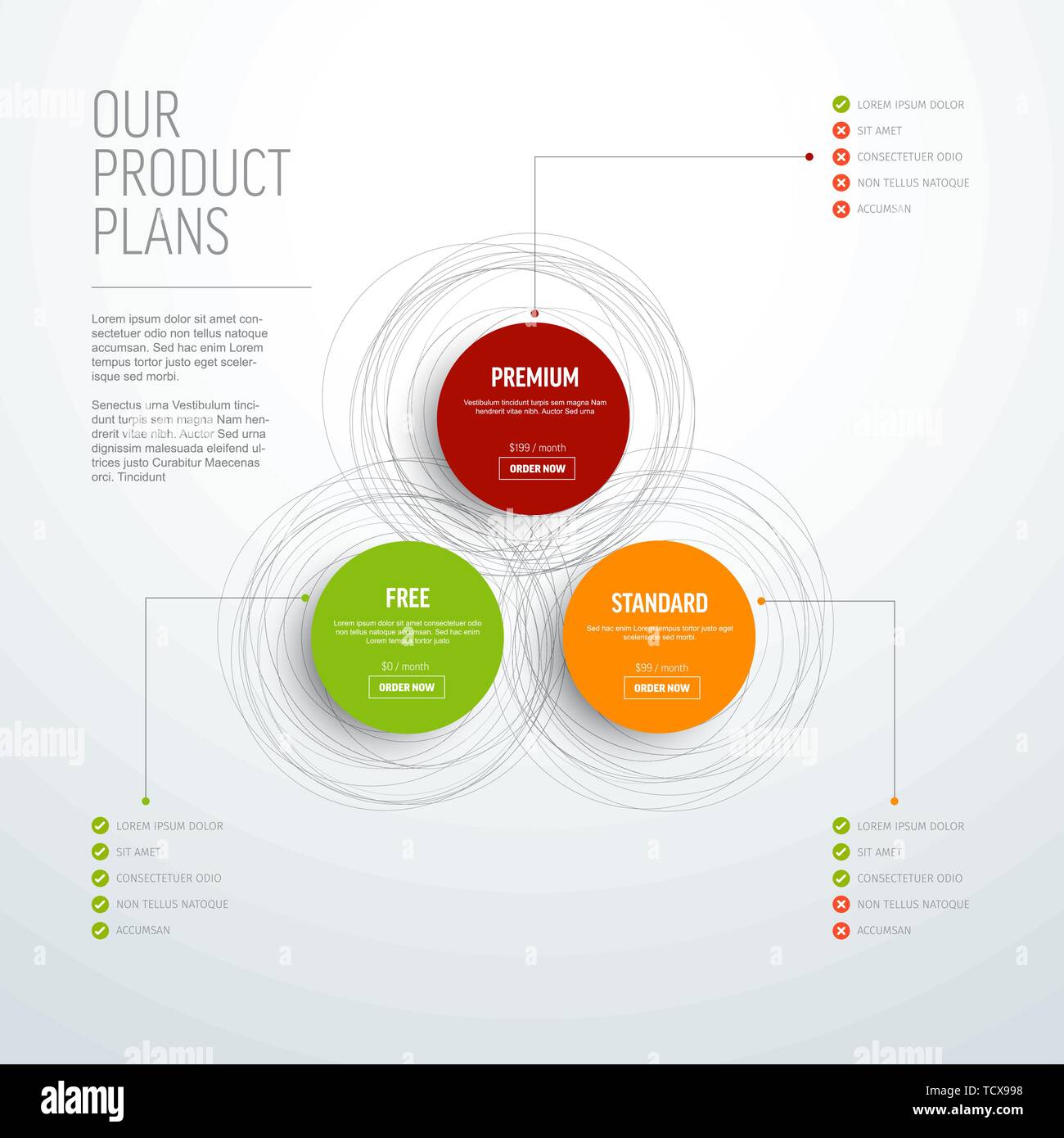 product-features-schema-template-with-three-services-feature-lists-order-buttons-and-descriptions-light-background-version-stock-vector-image-art-alamy