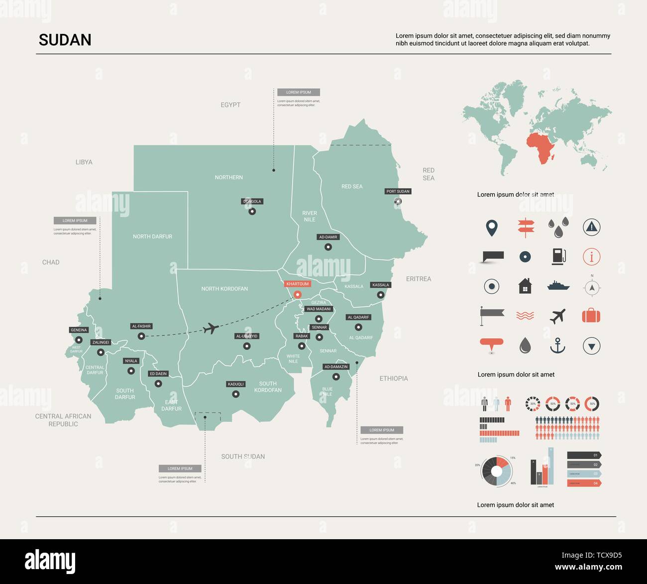 Vector map of Sudan. Country map with division, cities and capital