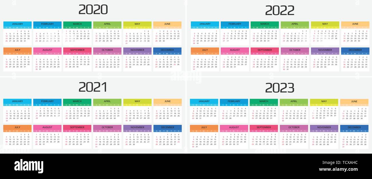 Calendar 2020, 2021, 2022, 2023 template. 12 Months. include holiday event. Week Starts Sunday Stock Vector