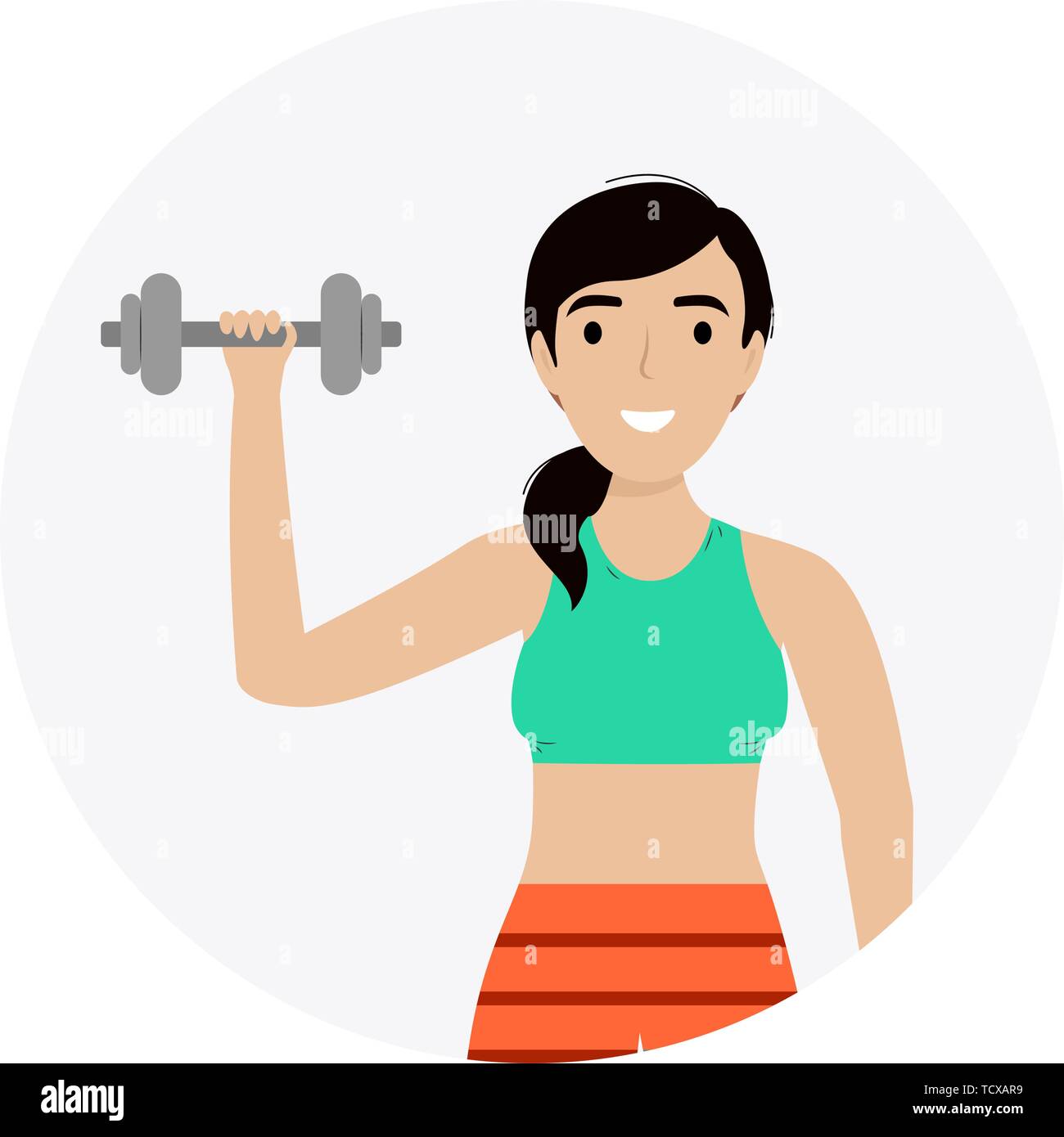 Girl in uniform with dumbbells. Fitness classes. Flat cartoon style ...