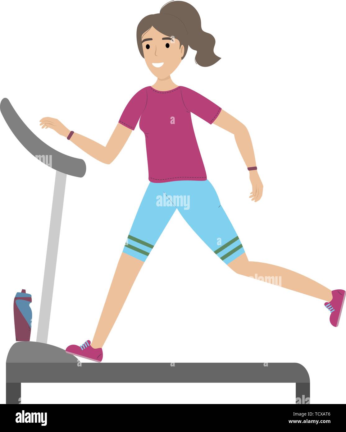 Girl Running On The Treadmill Fitness Classes Healthy Lifestyle Flat Cartoon Style Vector