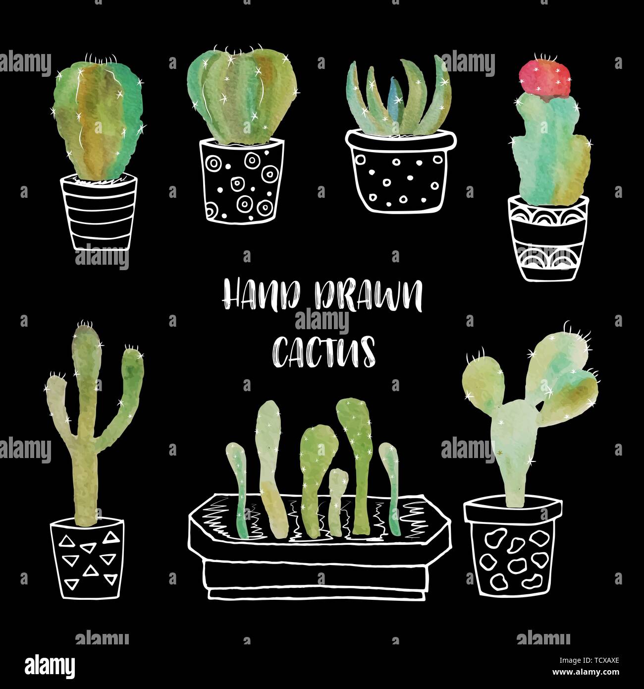 Cute hand drawn vector cactuses in Flower pots. Stock Vector