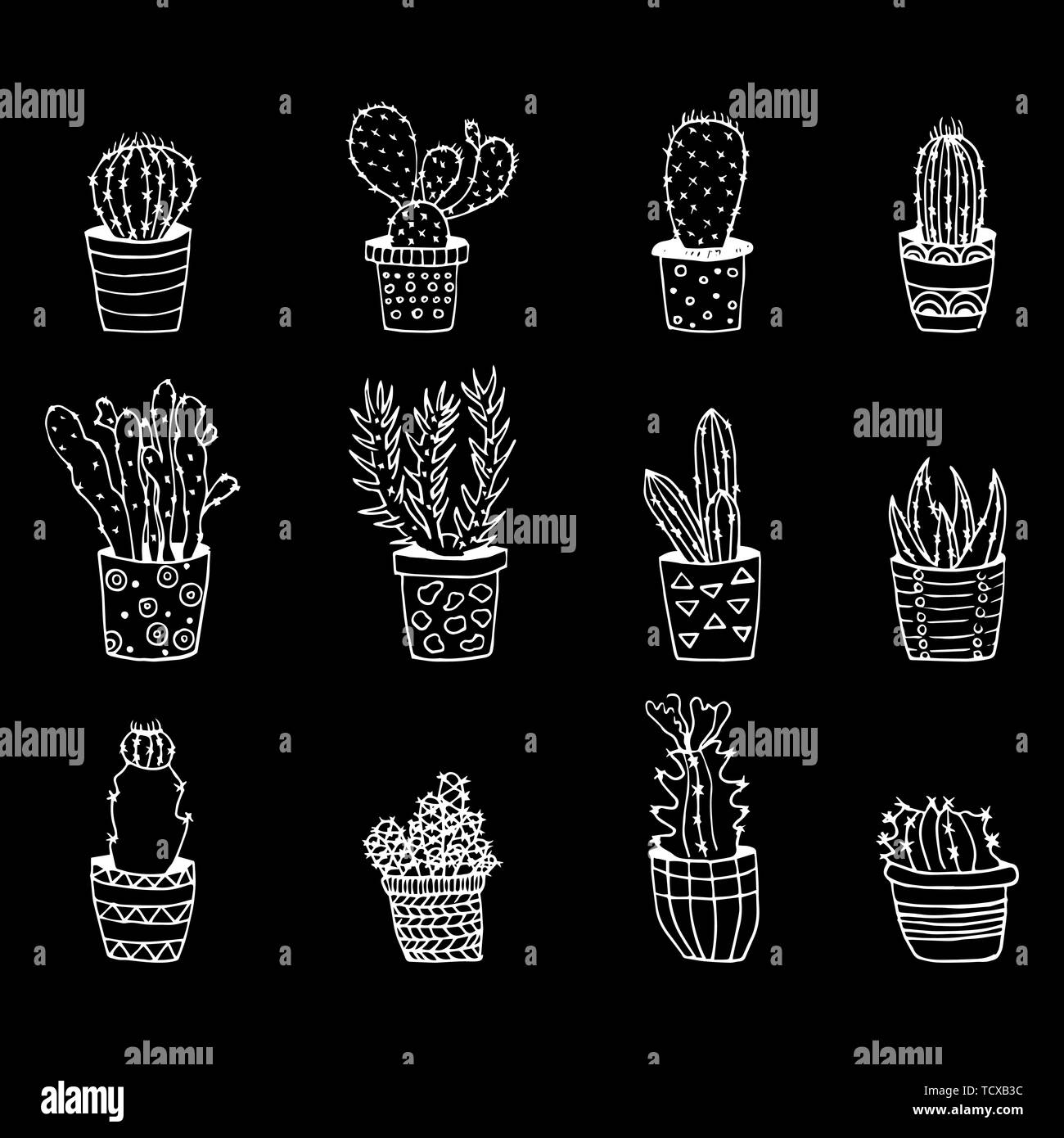 Cute hand drawn vector cactuses in Flower pots Stock Vector Image & Art ...