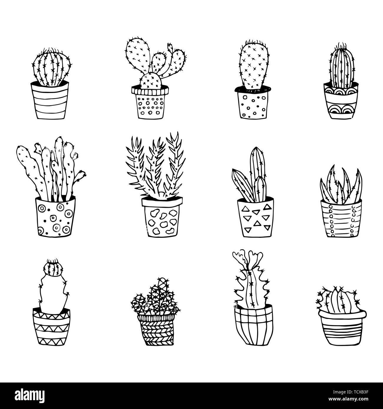 Cute hand drawn vector cactuses in Flower pots. Stock Vector