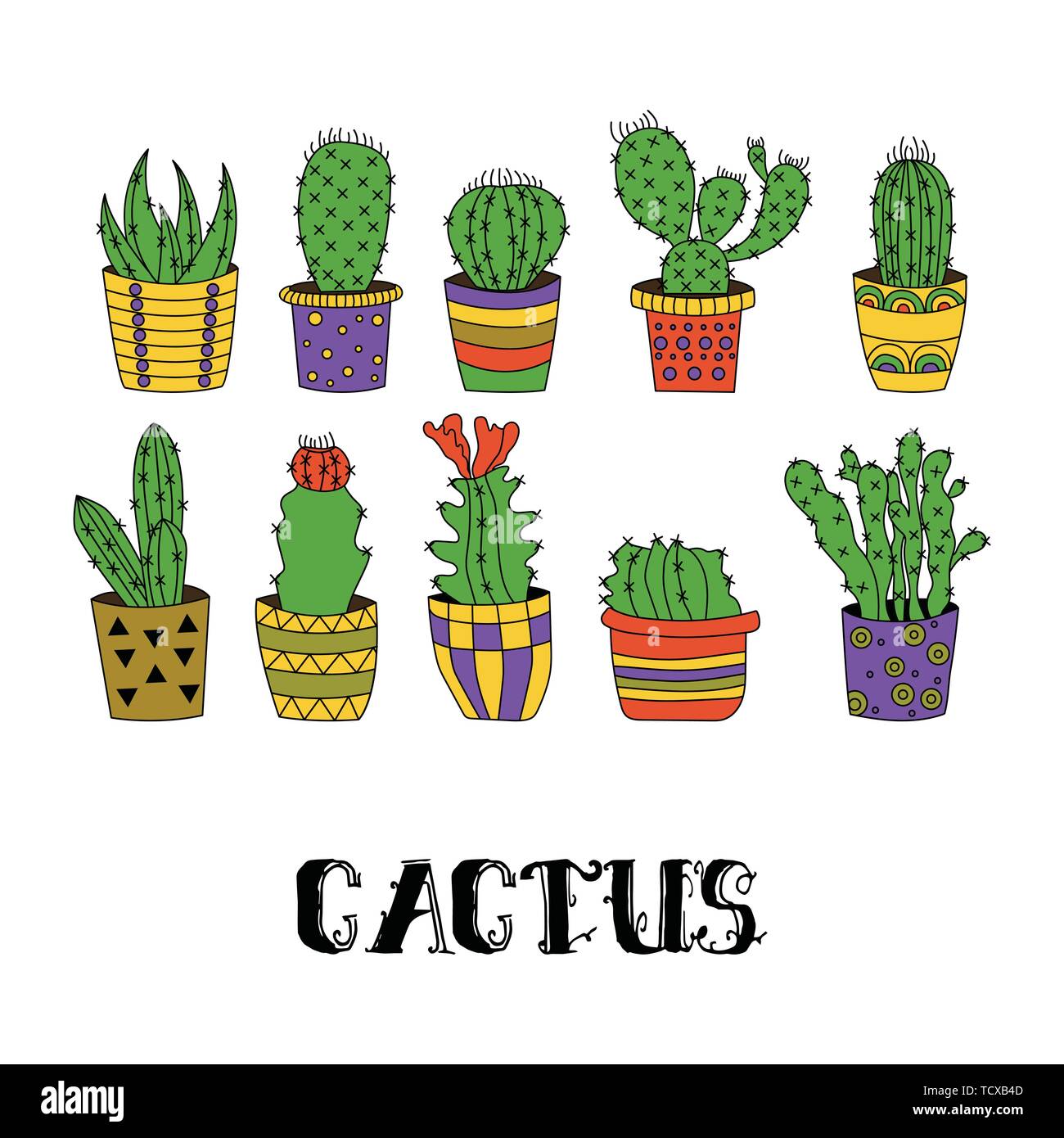 Cute hand drawn vector cactuses in Flower pots Stock Vector Image & Art ...