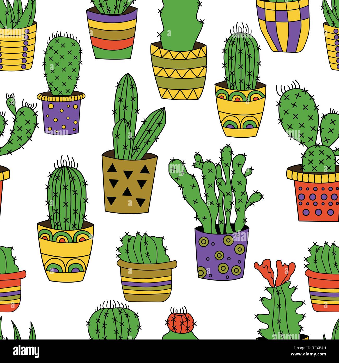Hand drawn vector seamless pattern with cute colourful cactuses. Beautiful floral design elements, perfect for prints and patterns. Stock Vector