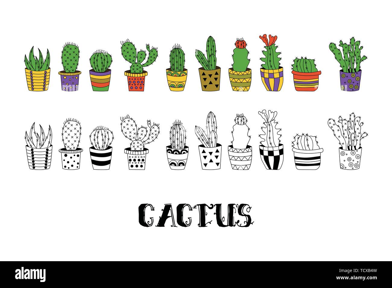 Cute hand drawn vector cactuses in Flower pots. Stock Vector