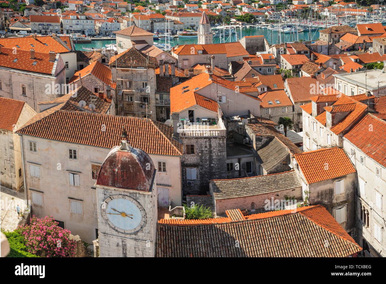 View from St. Laurentius Cathedral across the Old Town, Trogir, UNESCO World Heritage Site, Dalmatia, Croatia, Europe Stock Photo