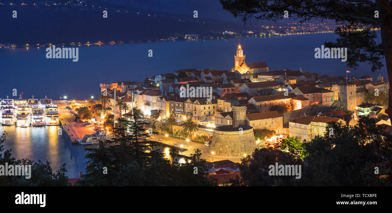 View over the Old Town of Korcula at night, Island of Korcula, Dalmatia, Croatia, Europe Stock Photo