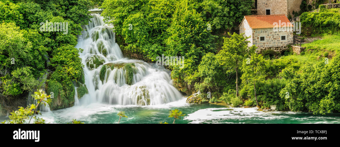 Mill at Skradinski Buk Waterfalls, Krka National Park, Dalmatia, Croatia, Europe Stock Photo