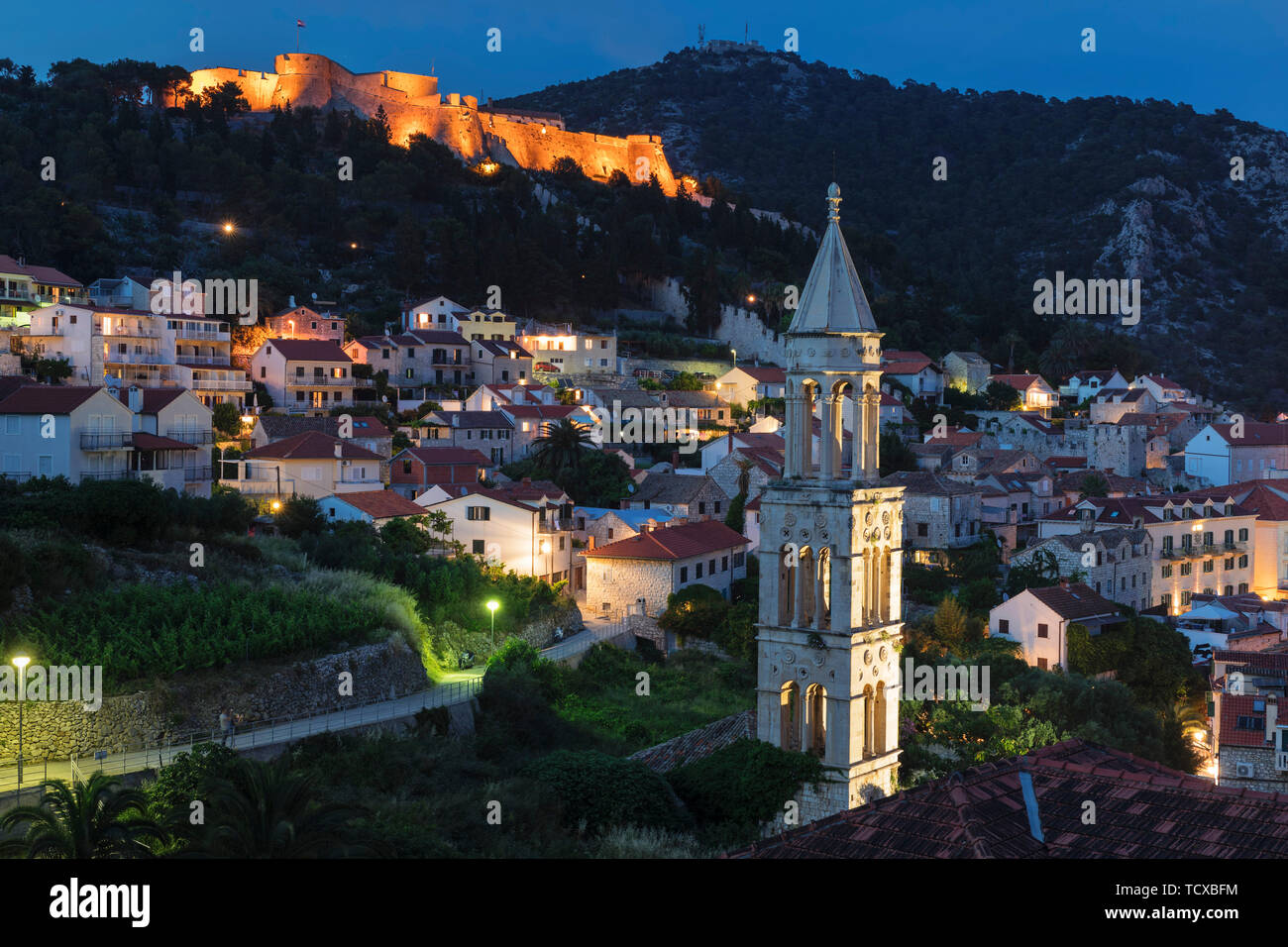 Sveti Marko Church and Spanish Fortress, Hvar, Hvar Island, Dalmatia, Croatia, Europe Stock Photo
