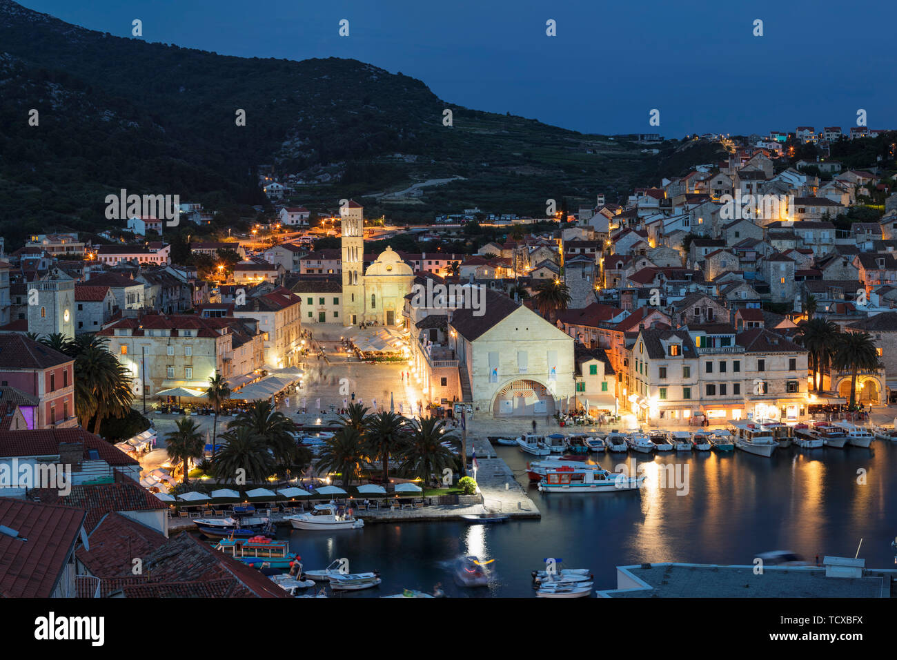 View over the port to the old town of Hvar, Hvar Island, Dalmatia, Croatia, Europe Stock Photo
