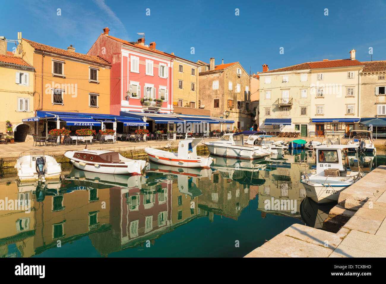 Restaurants at the harbour, Cres Town, Cres Island, Kvarner Gulf, Croatia, Europe Stock Photo