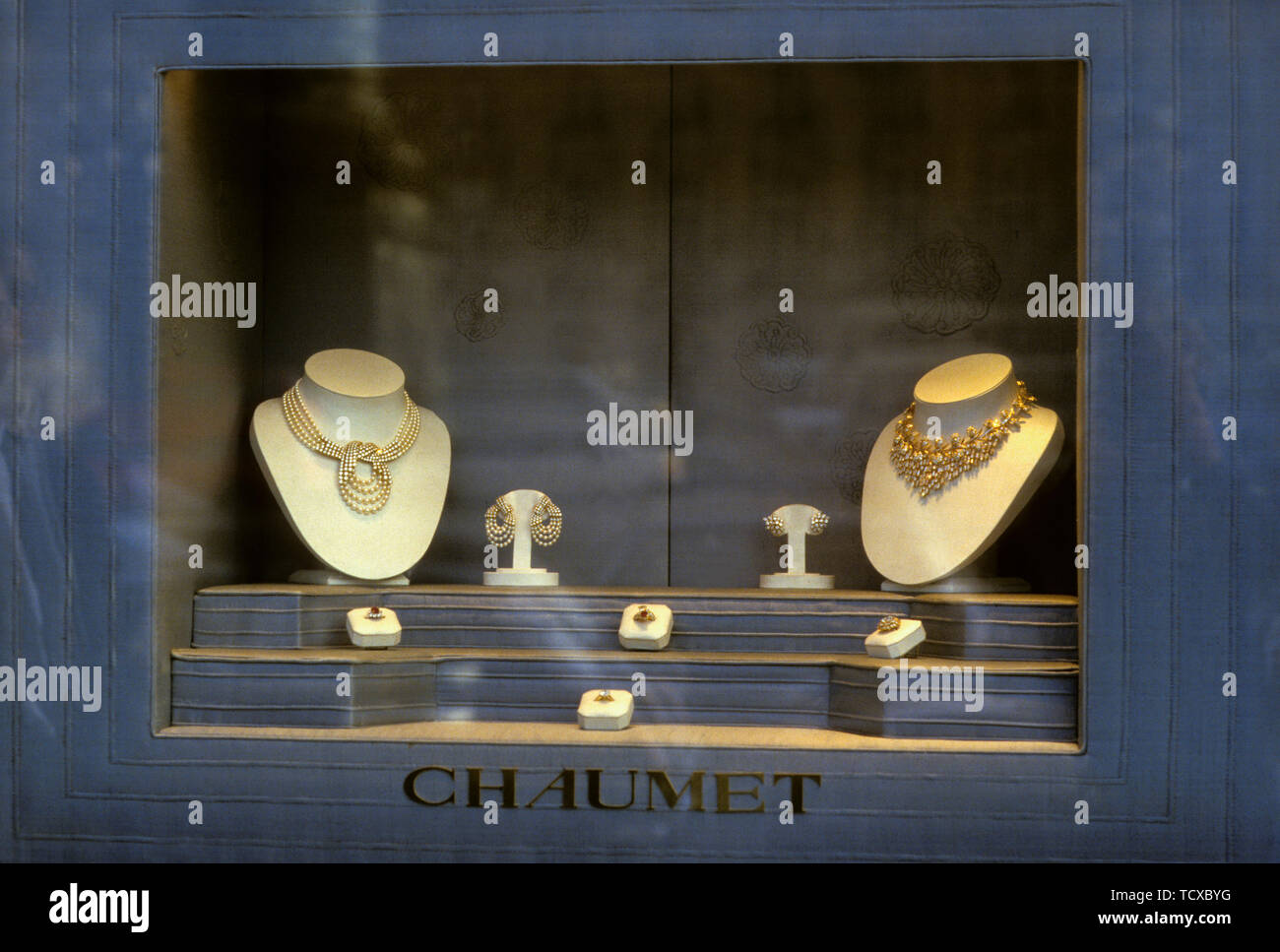 JEWELRY in shop window at Chaumet in Paris Stock Photo