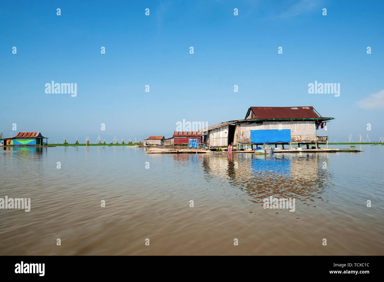 Floating houses on the lake, Lake Tempe, Sengkang, Indonesia, Southeast Asia, Asia Stock Photo