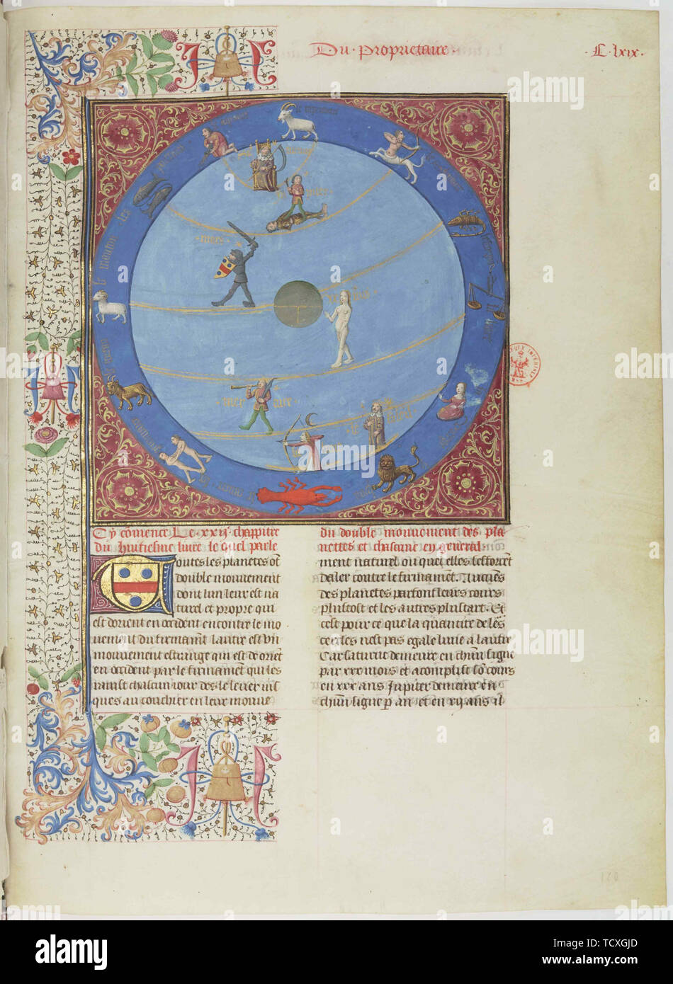 Celestial spheres, planets and zodiacs. Miniature from the Livre des proprietés des choses, c. 1480. Creator: Anonymous. Stock Photo