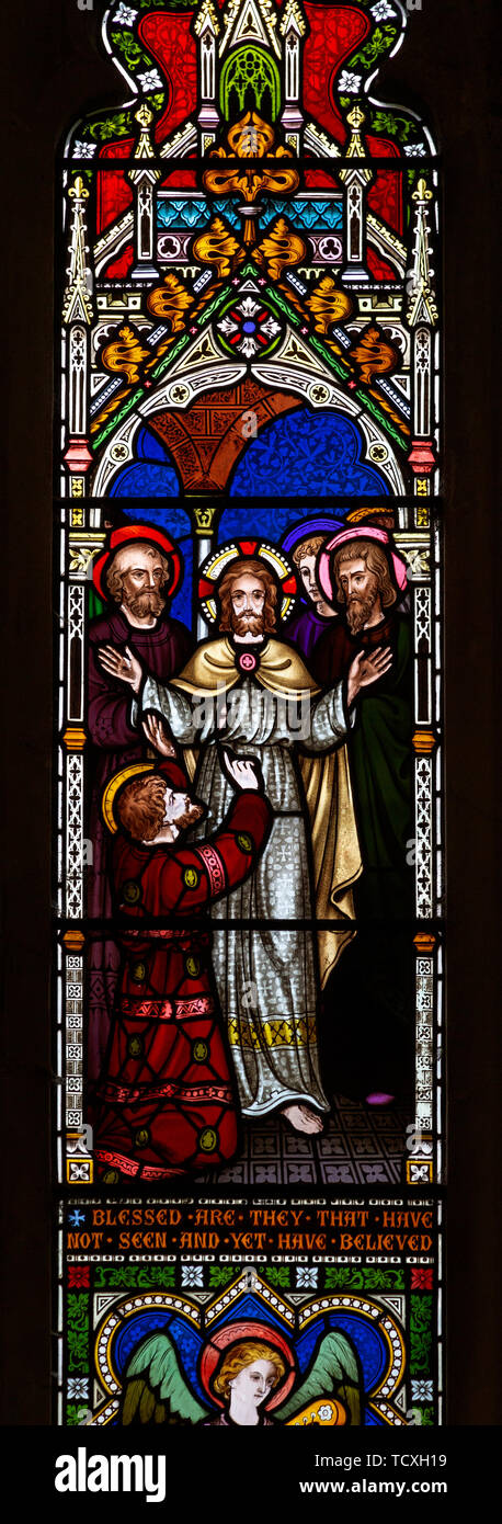 Victorian 19th century stained glass window, Badley church, Suffolk, England, UK by Frederick Preedy c 1866 Stock Photo