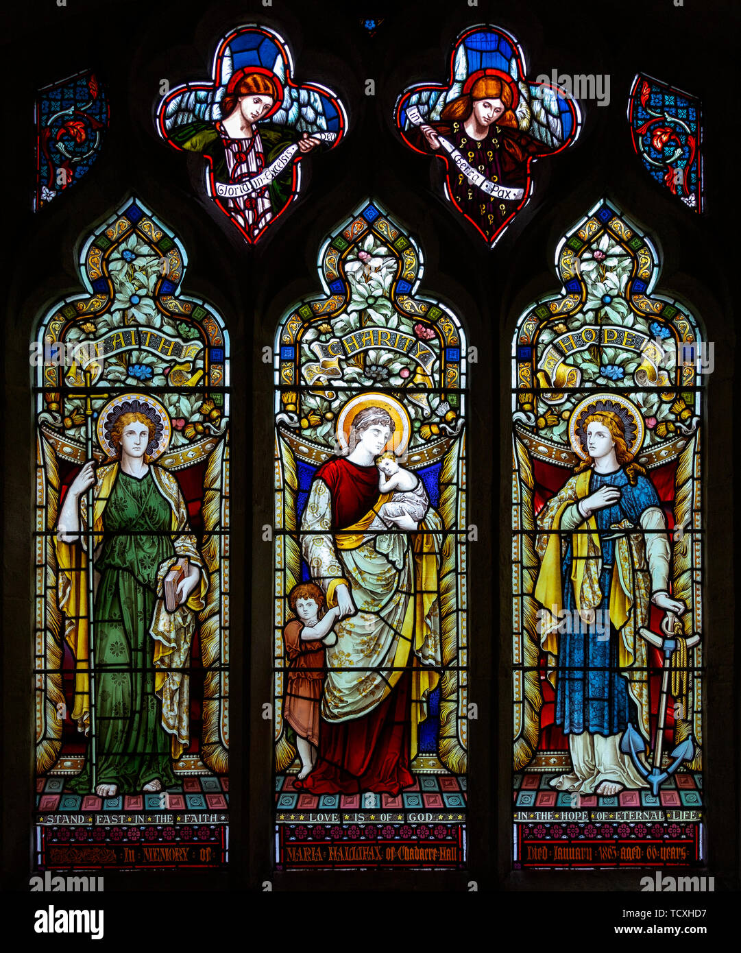 Stained glass window, Shimpling church, Suffolk, England, UK c 1890 by