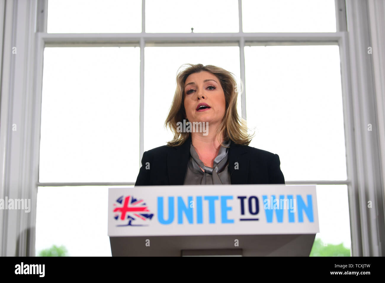 Defence Secretary Penny Mordaunt speaks during the launch of Foreign Secretary Jeremy Hunt's campaign in central London to become leader of the Conservative and Unionist Party and Prime Minister. Stock Photo