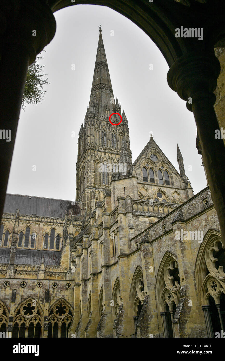 The South facing side of Salisbury Cathedral tower and spire, where peregrine falcons are nesting. Circled is the exact area where the birds are nesting, on the top balcony at the base of the spire. Stock Photo