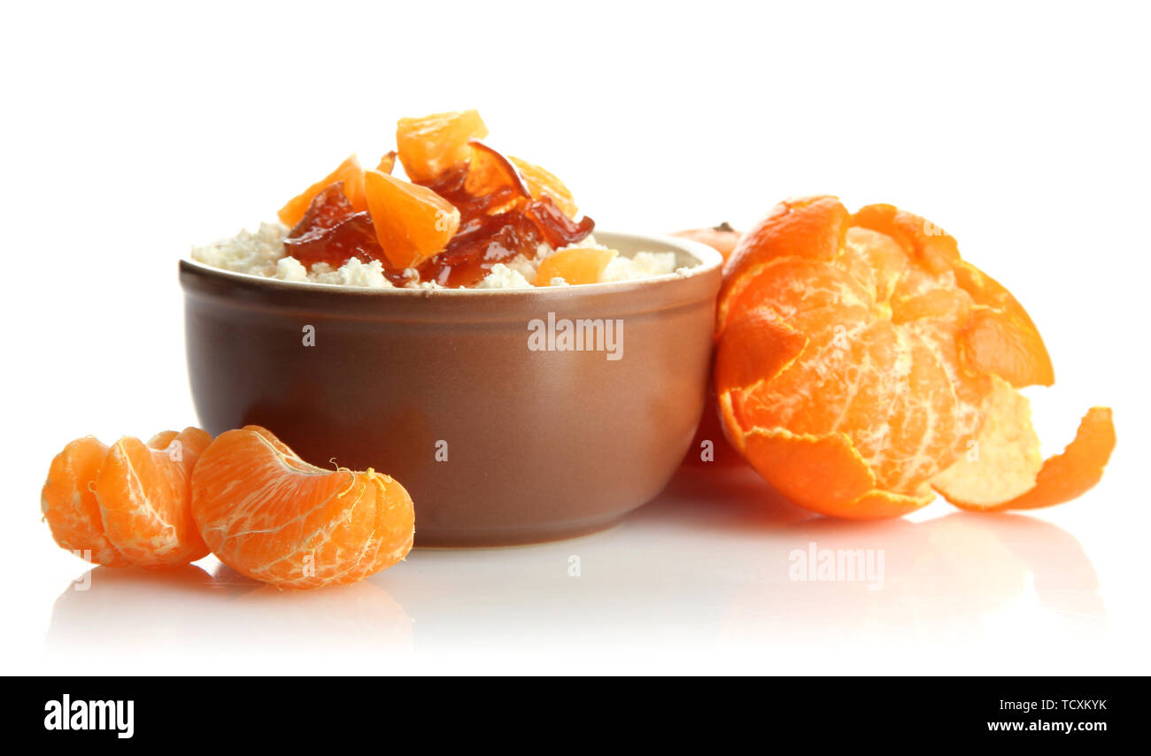 Cottage Cheese In Bowl With Homemade Tangerine Jam Isolated On