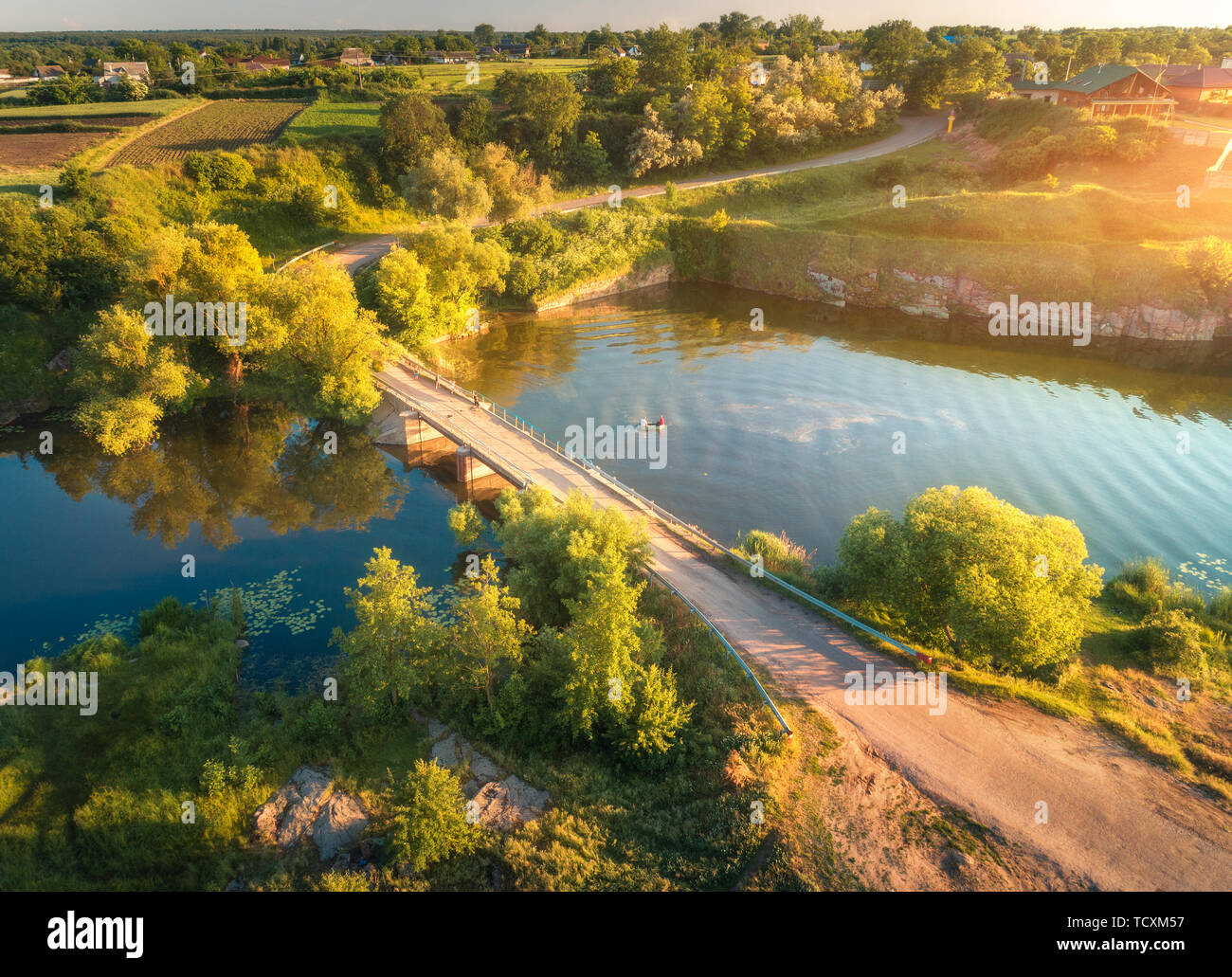 Aerial view of beautiful countryside at sunset. Summer landscape  Stock Photo