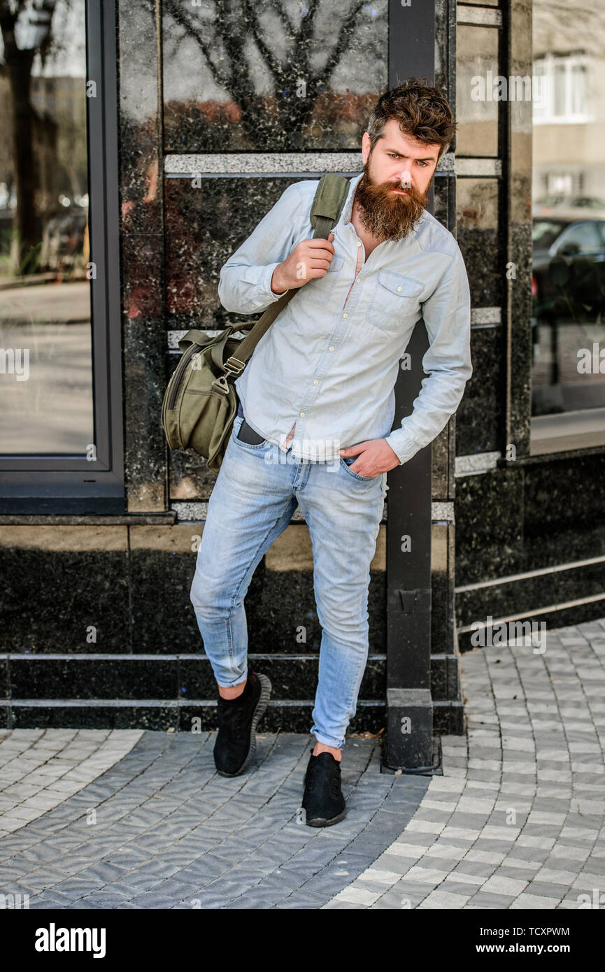 Mature hipster with beard. Bearded man walking on street. modern male ...