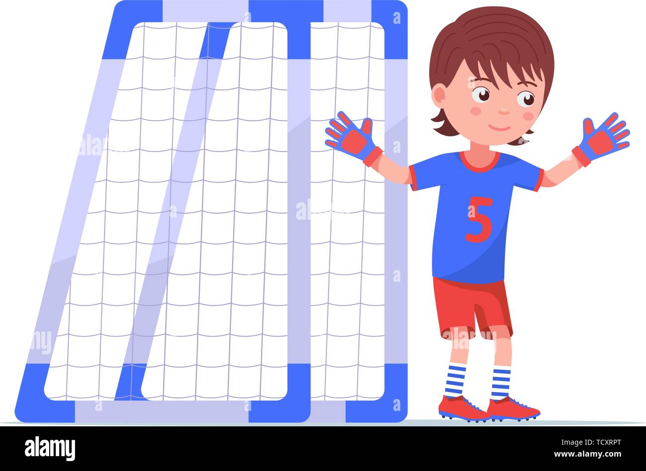 Boy goalkeeper stands next to the football goal Stock Vector