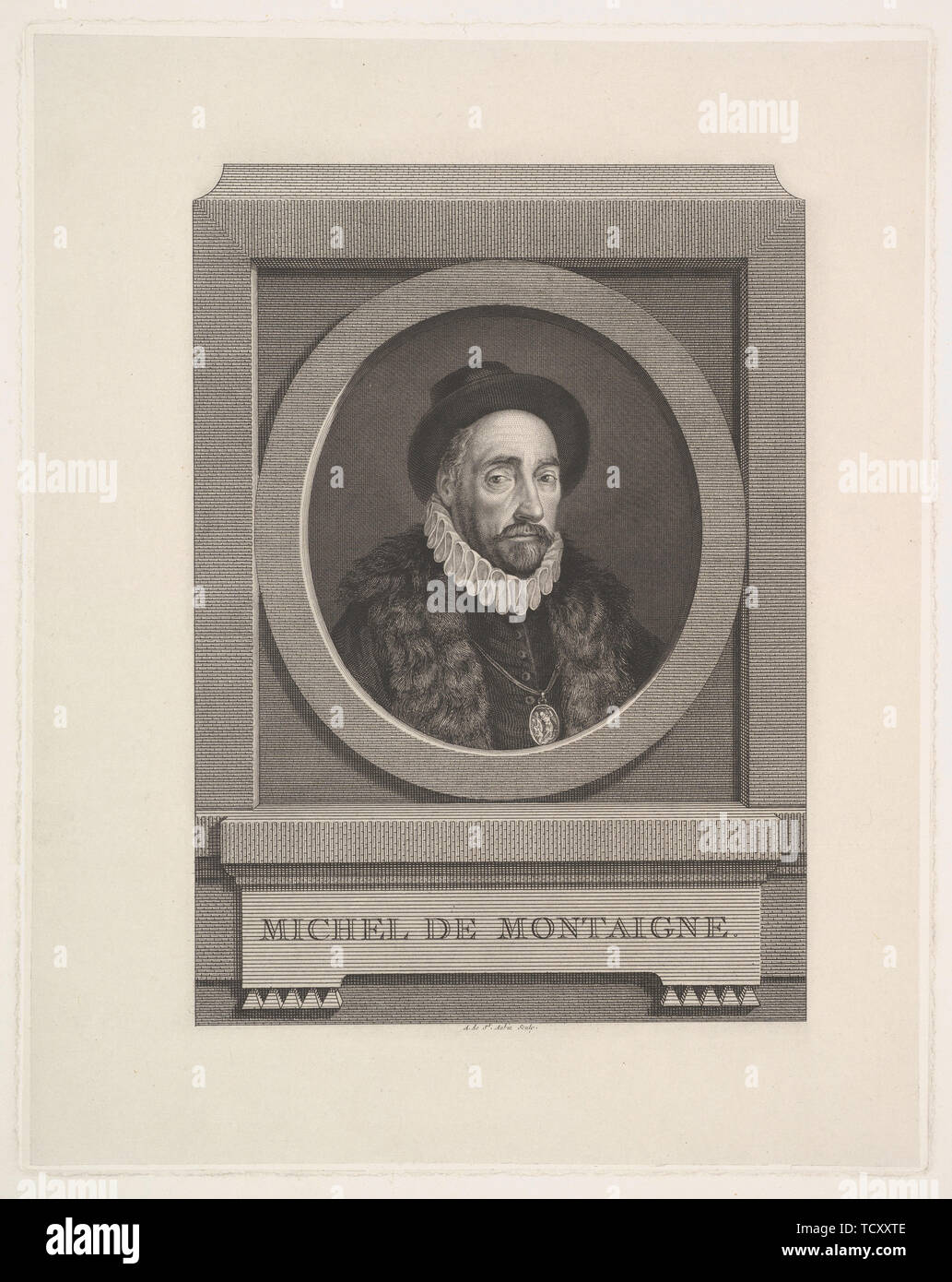 Portrait of Michel de Montaigne (1533-1592), 1774. Creator: Saint-Aubin, Augustin, de (1736-1807). Stock Photo