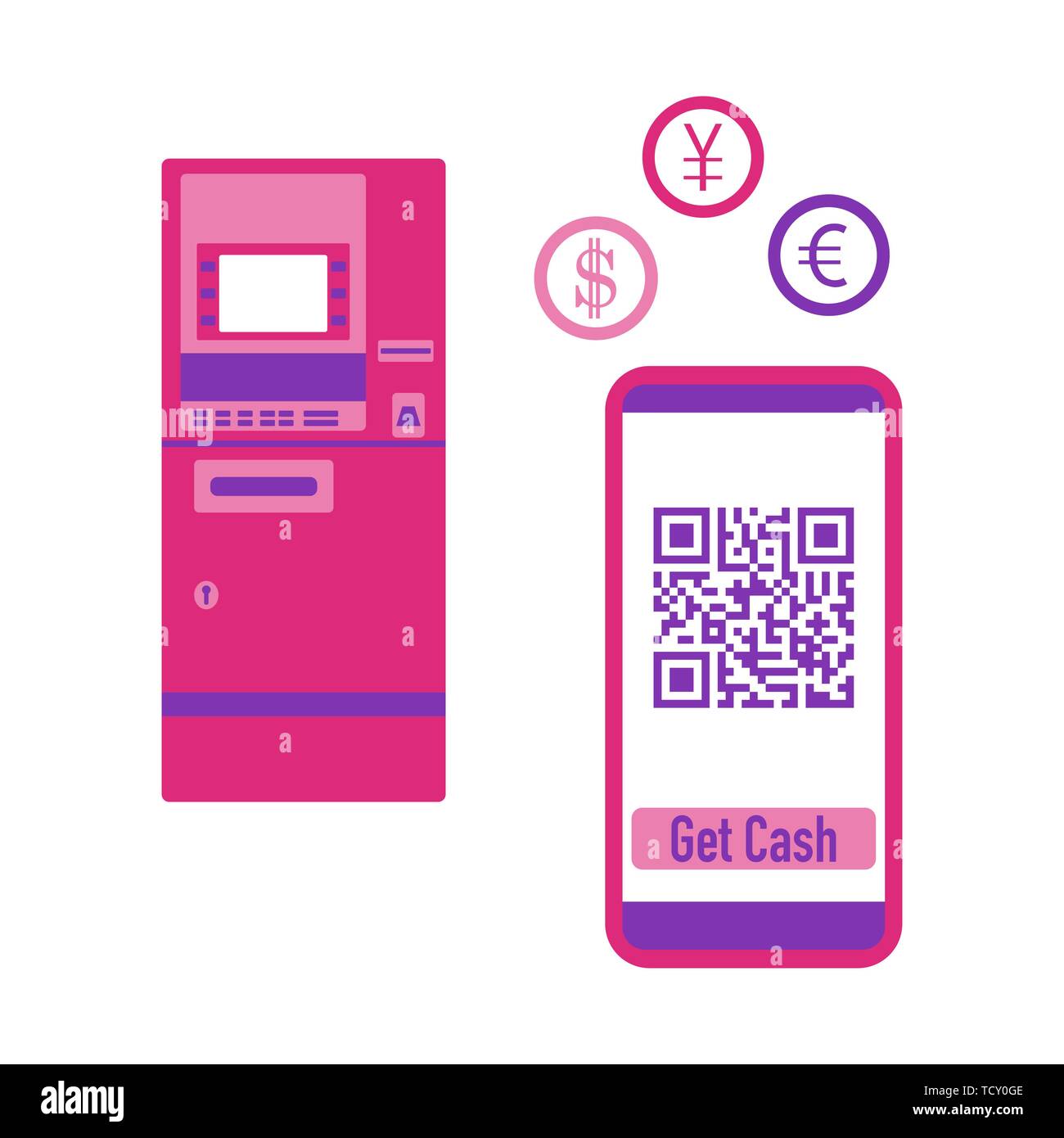 Vector illustration with phone with qr code, ATM cash withdrawal