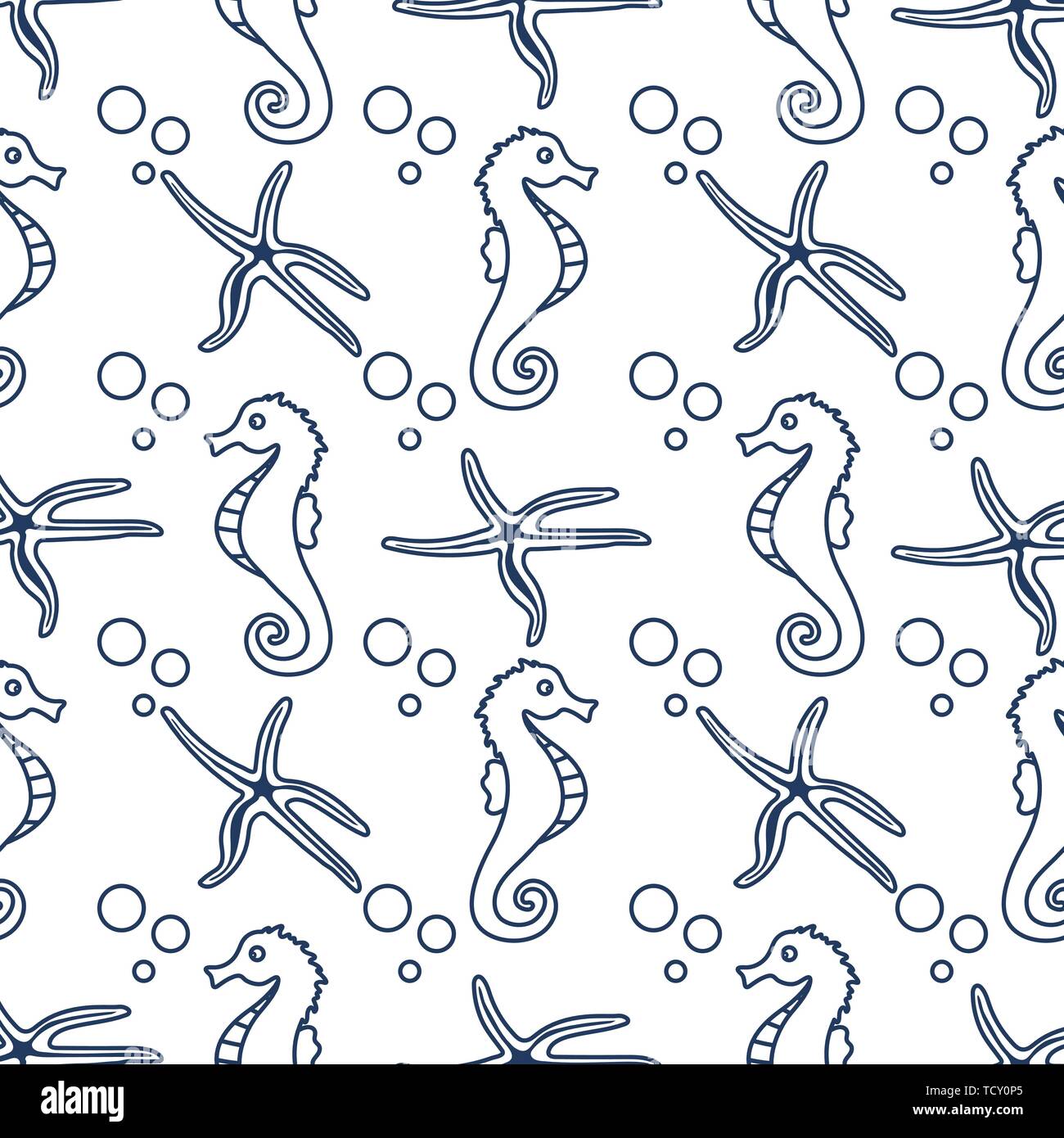 Vector seamless pattern with sea horses, starfish and bubbles. Marine ...