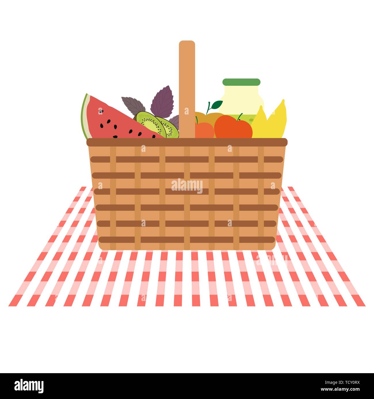Vector illustration with wicker picnic basket with food and drink ...