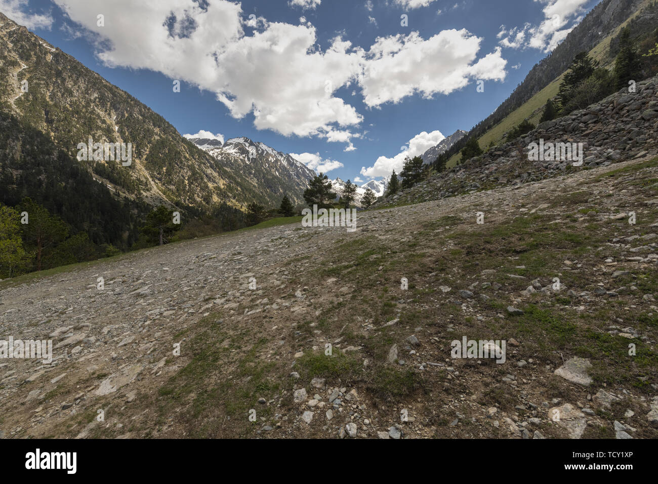 Europe, France, High Mountains, 2019-06, One the many ski slopes leading to the Gaube Lake in the French Pyrenees mountains during Summer.  The area i Stock Photo