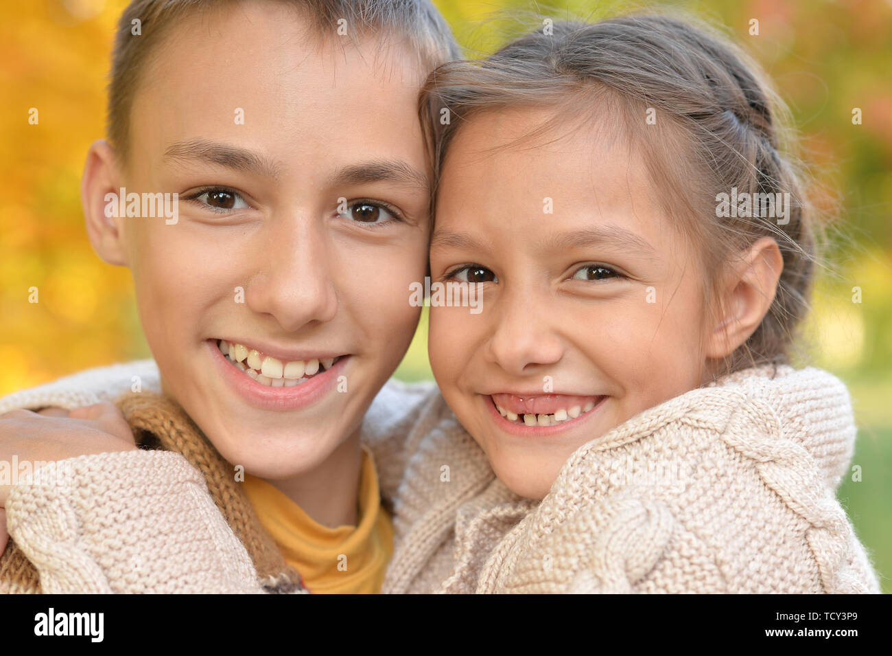 Portrait of brother and sister hugging in autumnal park Stock Photo - Alamy