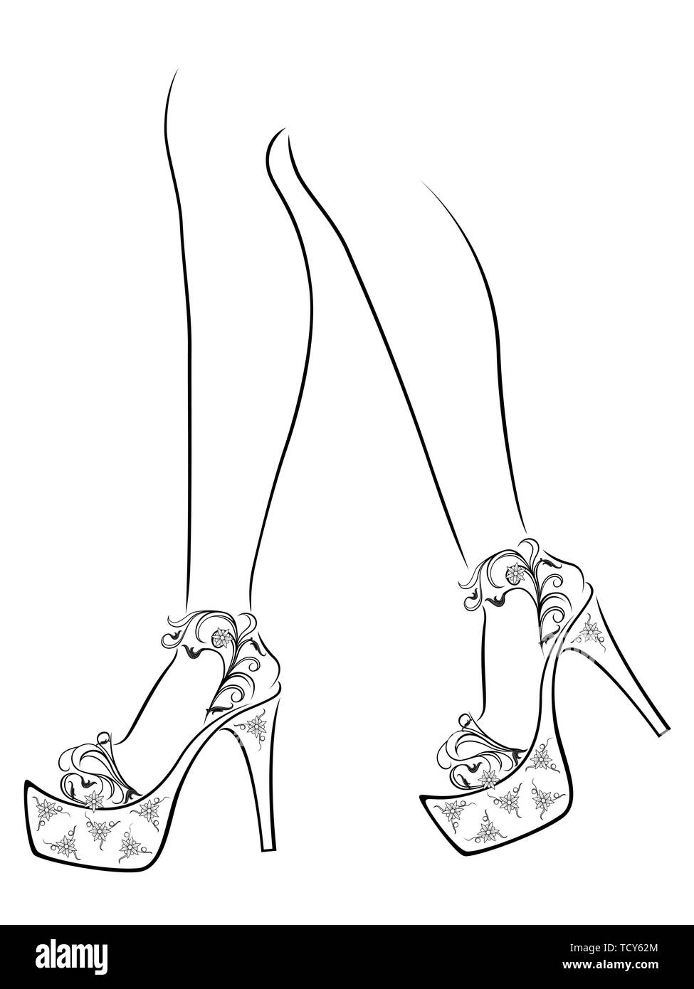 Outline of elegant female feet in abstract floral shoes with high heels