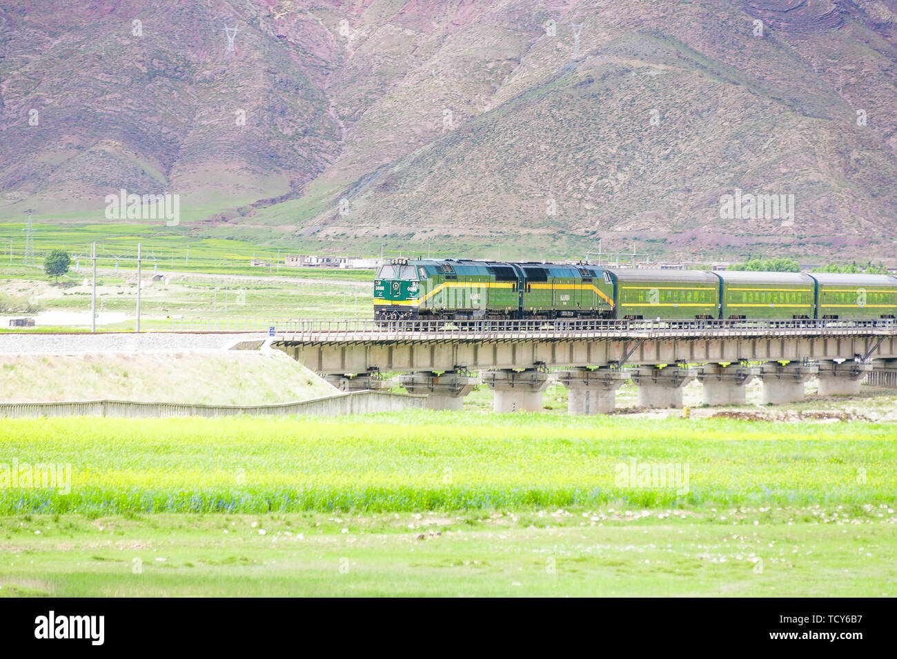 In Summer A Passenger Train On The Qinghai Tibet Railway Is Operating