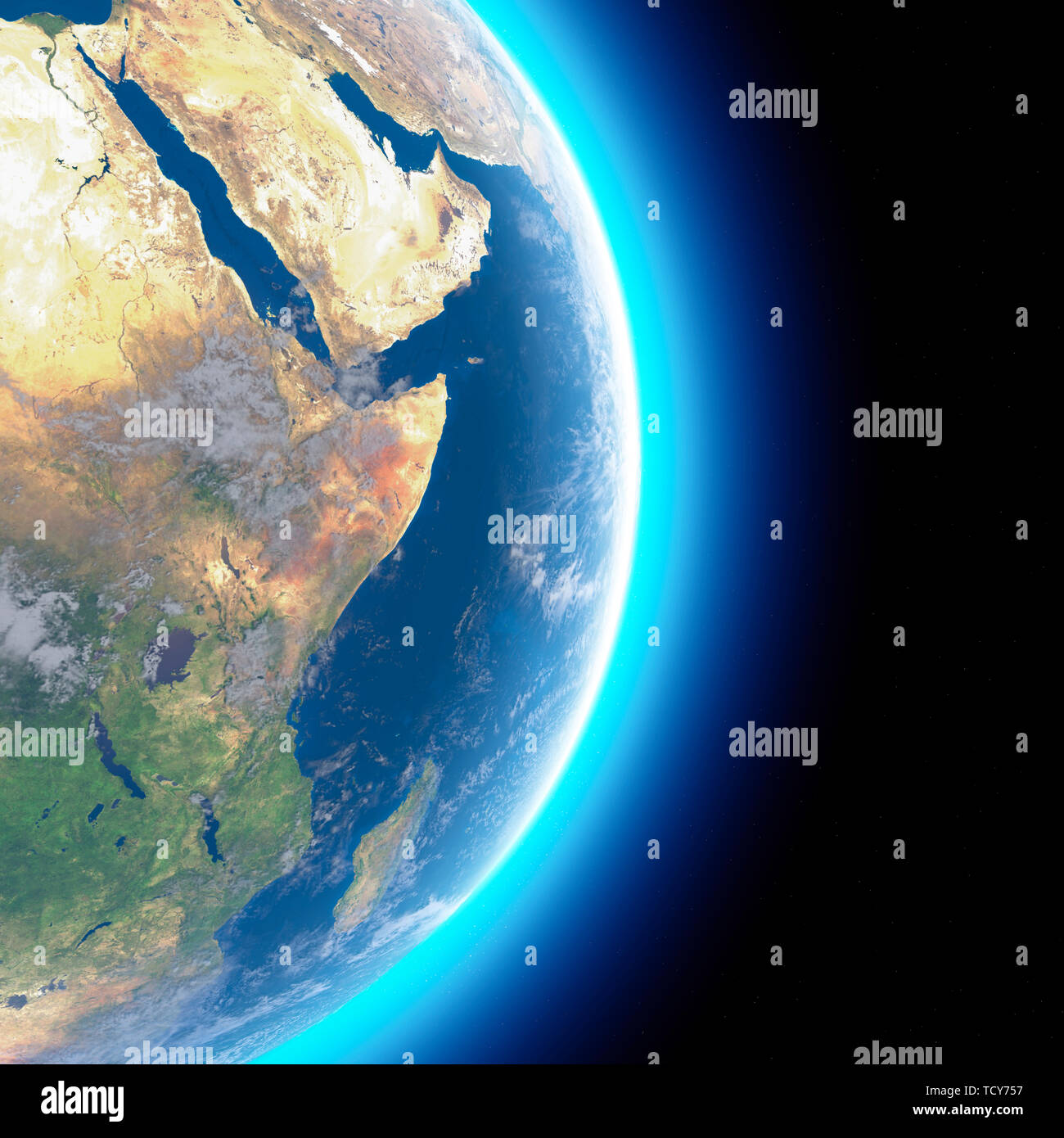 Physical map of the world, satellite view of the Middle East. Africa, Asia. Globe. Hemisphere. Reliefs and oceans. 3d rendering Stock Photo